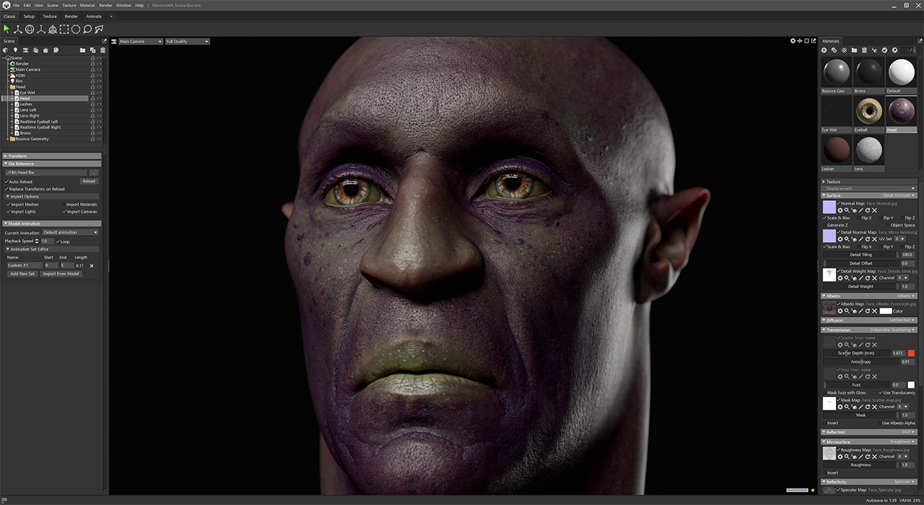 Marmoset Toolbag Render Scene with skin shader and lighting